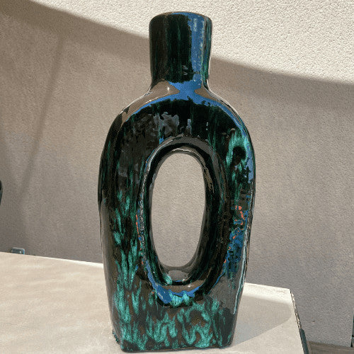 Vase artisanal longiligne céramique, vert et bleu