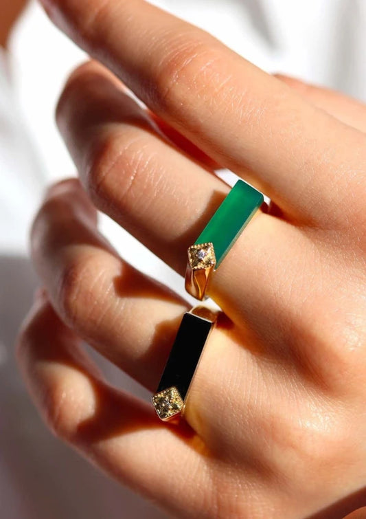 Bague plaqué or et Onyx vert rectangle I Louisette