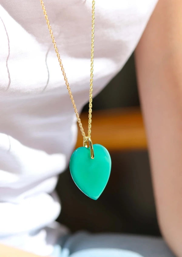 Collier sautoir plaqué or Onyx vert en coeur I Charlotte