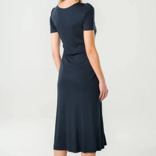 Robe bleue marine mi -longue avec fente sur le côté pour femme 