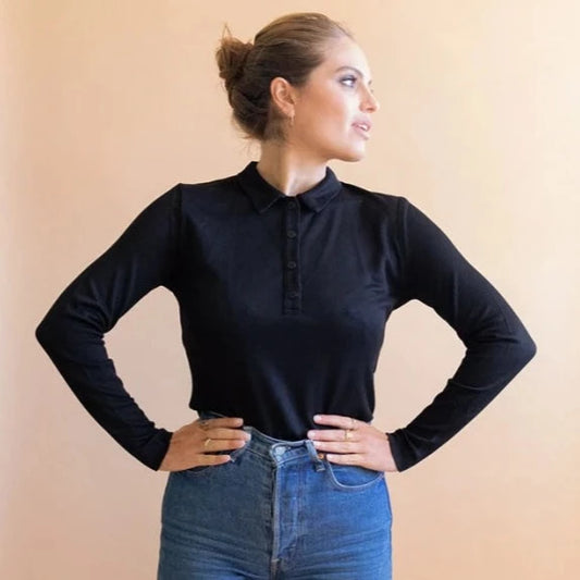 Polo noir à manches longues pour femmes en matière éco-responsable