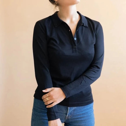 Polo noir à manches longues pour femmes en matière éco-responsable