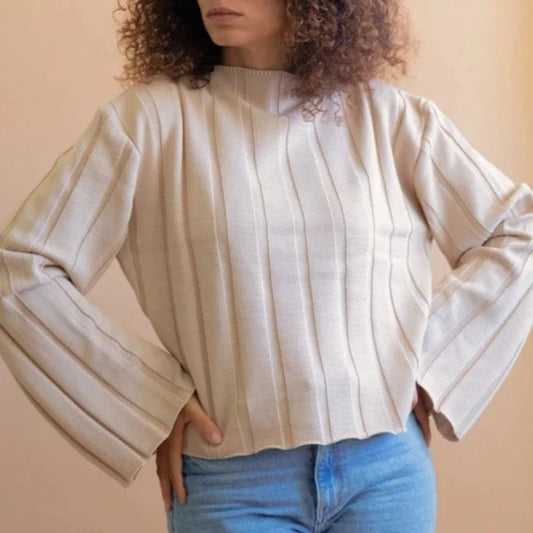 Pull côtelé beige en laine de mérinos 