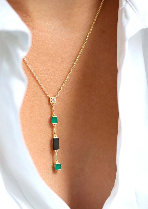 Collier doré Y en Onyx vert et Onyx noir I Louisette