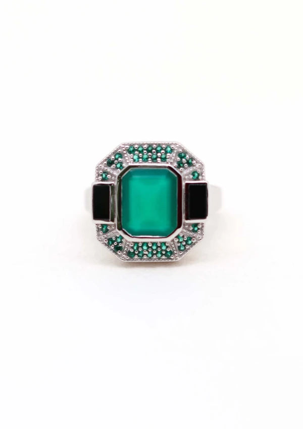 Bague onyx vert et noir en argent - Célestine