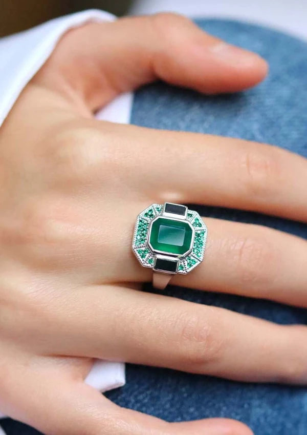 Bague onyx vert et noir en argent Celestine