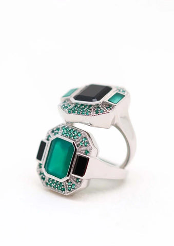 Bague onyx vert et noir en argent - Célestine