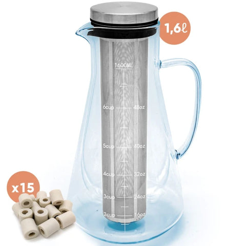 Kit de Purification d'Eau : Carafe en verre + Perles de Céramique x15