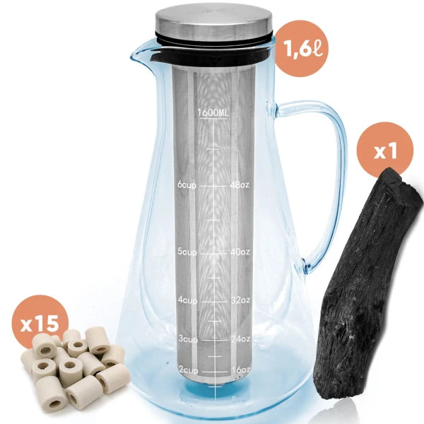 Kit de Purification d'Eau : Carafe en verre + Binchotan Japonais de Kishu + Perles de Céramique x15
