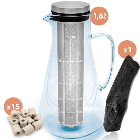 Kit de Purification d'Eau : Carafe en verre + Binchotan Japonais de Kishu + Perles de Céramique x15