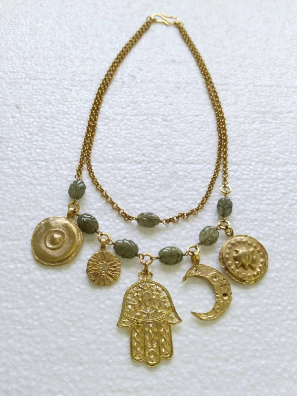 Collier double chaine Harmony avec pendentifs et perles