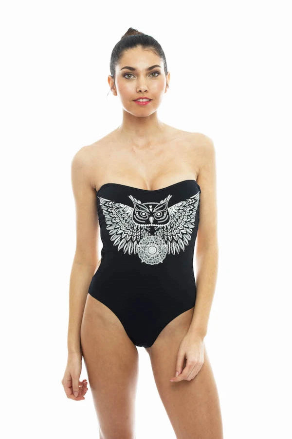 Maillot de bain une pièce bustier phosphorescent Aloha Black Magic Owl