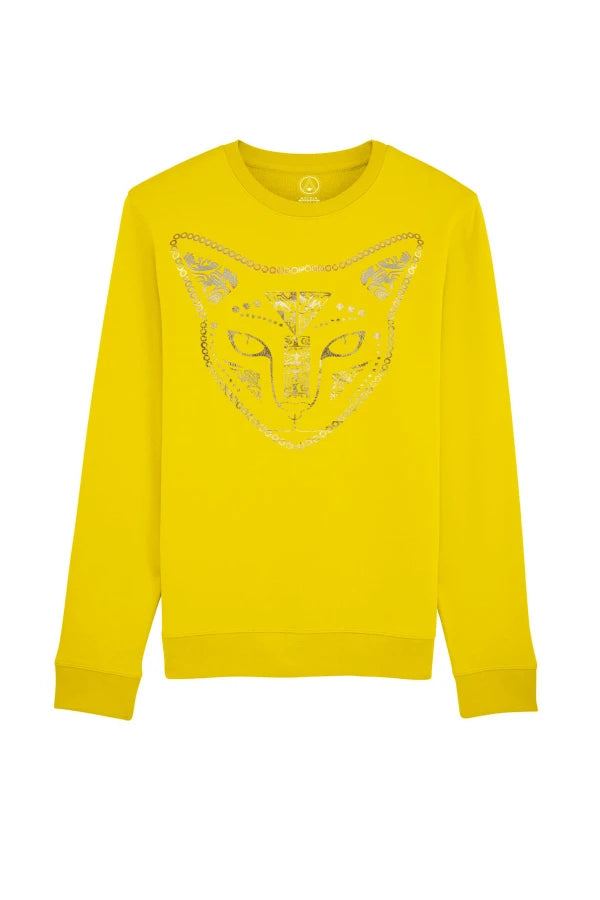 Sweat-shirt en coton bio Mimigold impression tête de chat or