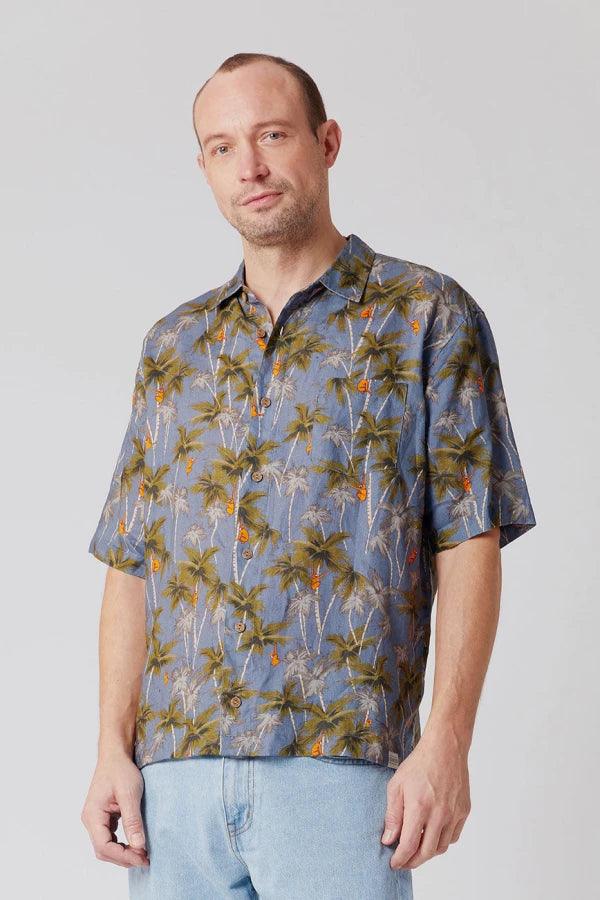 DINGWALLS Jungle Print Linen Shirt Blue