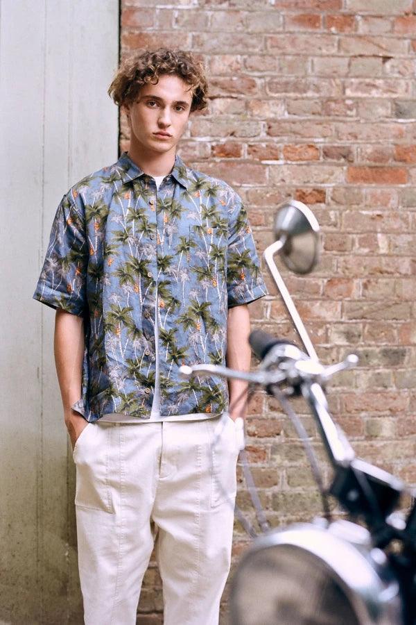 DINGWALLS Jungle Print Linen Shirt Blue