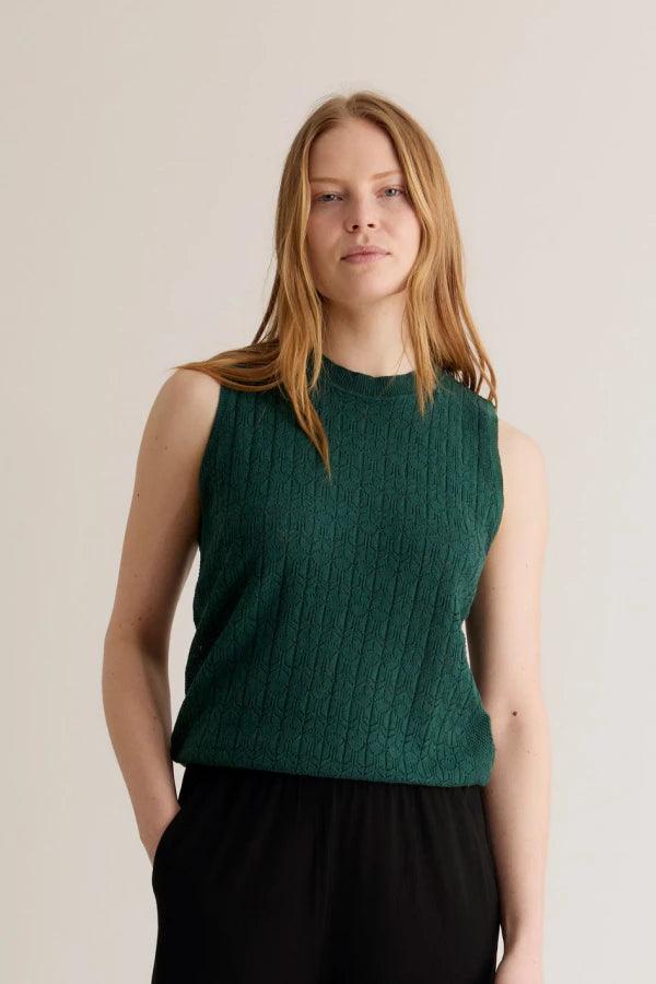 MILA - Organic Cotton Pointelle Knit Vest Dark Green