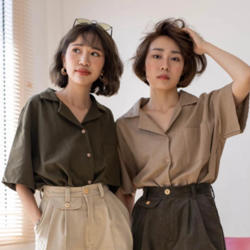 Chemise Manches Courtes en Coton - Look Rétro avec Teinture Naturelle