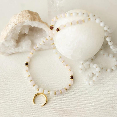 Collier mala pierre de lune et quartz rose