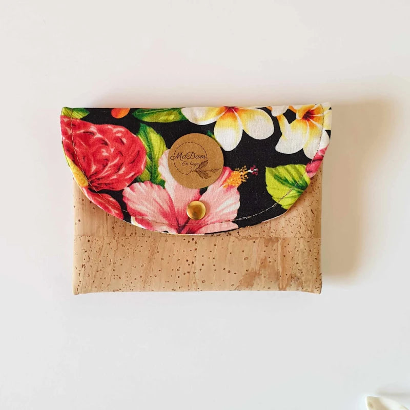 Porte-monnaie en liège Iti Noir Fleurs tropicales