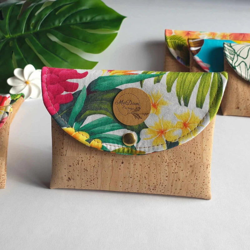 Porte-monnaie en liège Iti Noir Fleurs tropicales