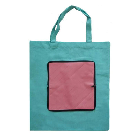 TOTE-BAG - Sac de course pliable en pochette Turquoise et rose