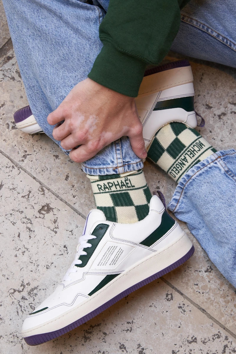 Chaussettes unisexes damier vert et écru