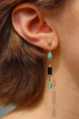Louisette: Boucles d'oreilles pendantes plaqué or Turquoise et Onyx noir