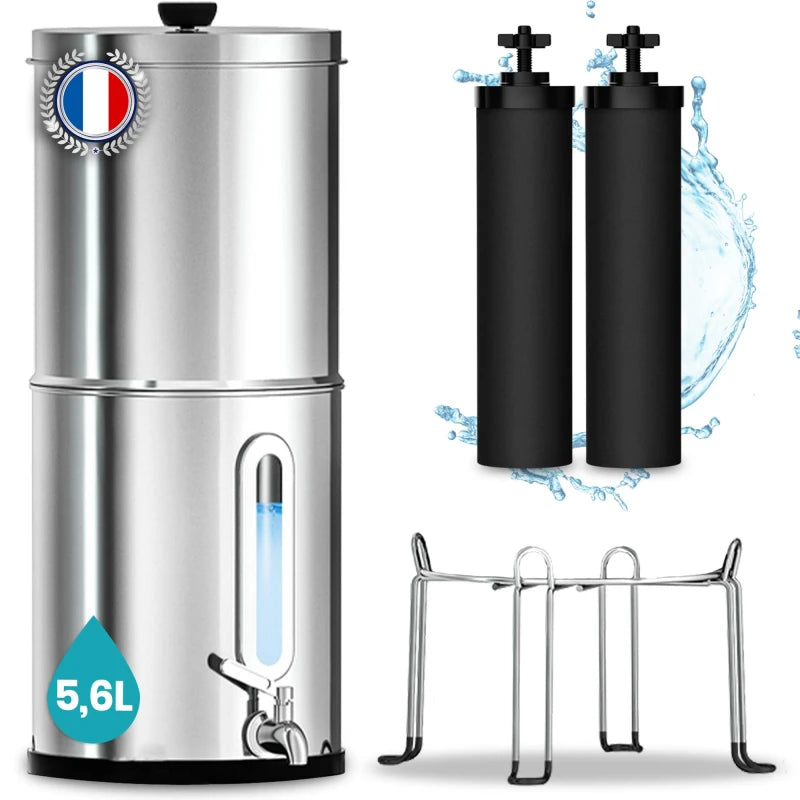 Filtre à Eau par Gravité 5,6 L - Purificateur d'Eau avec Charbon Actif, Fontaine Filtrante pour Eau du Robinet, Eau de Pluie, Filtration Avancée