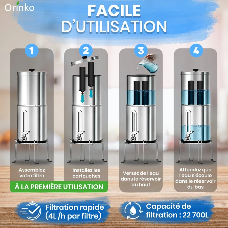 Filtre à Eau par Gravité 5,6 L - Purificateur d'Eau avec Charbon Actif, Fontaine Filtrante pour Eau du Robinet, Eau de Pluie, Filtration Avancée