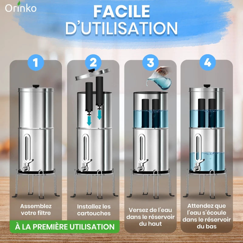 Filtre à Eau par Gravité 8,5 L, Purificateur d'Eau avec Charbon Actif, Fontaine Filtrante pour Eau du Robinet, Eau de Pluie et Plus, Filtration Avancée