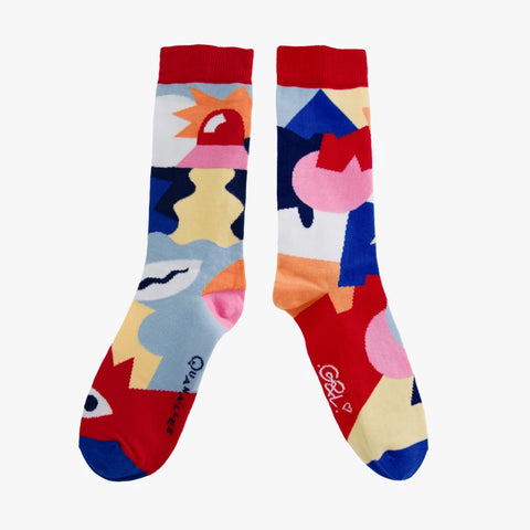 Guillaume & Laurie | Paire de chaussettes dépareillées "Abstract rouge et bleu"