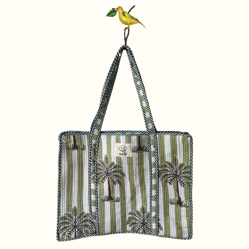 Grand tote bag à Zip  "Greeny Minty Palmtree"