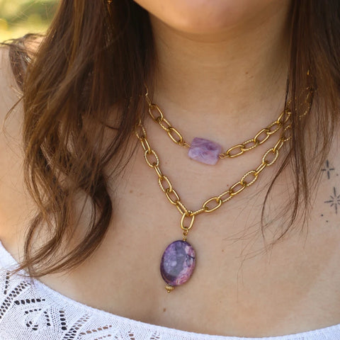 Collier chaîne épaisse Lépidolite sublime