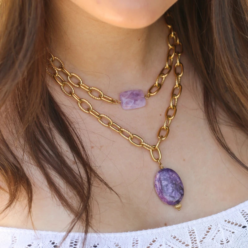 Collier chaîne épaisse Lépidolite sublime