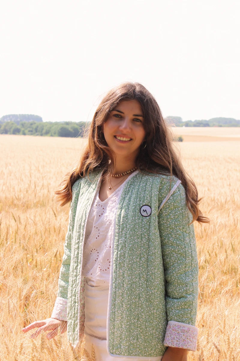 Veste matelassée - Fleuri vert / écru rose