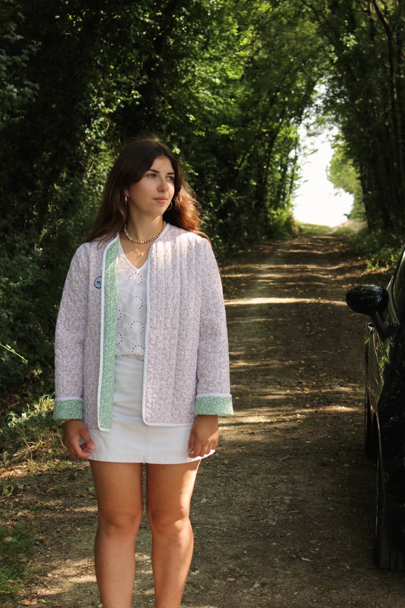 Veste matelassée - Fleuri vert / écru rose