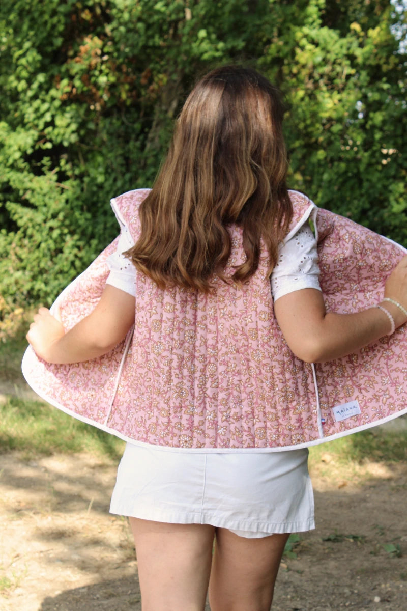 Veste sans manches matelassée - Fleuri écru / rose