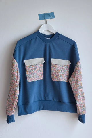 Sweat-shirt Marguerite - bleu - fleurs rose