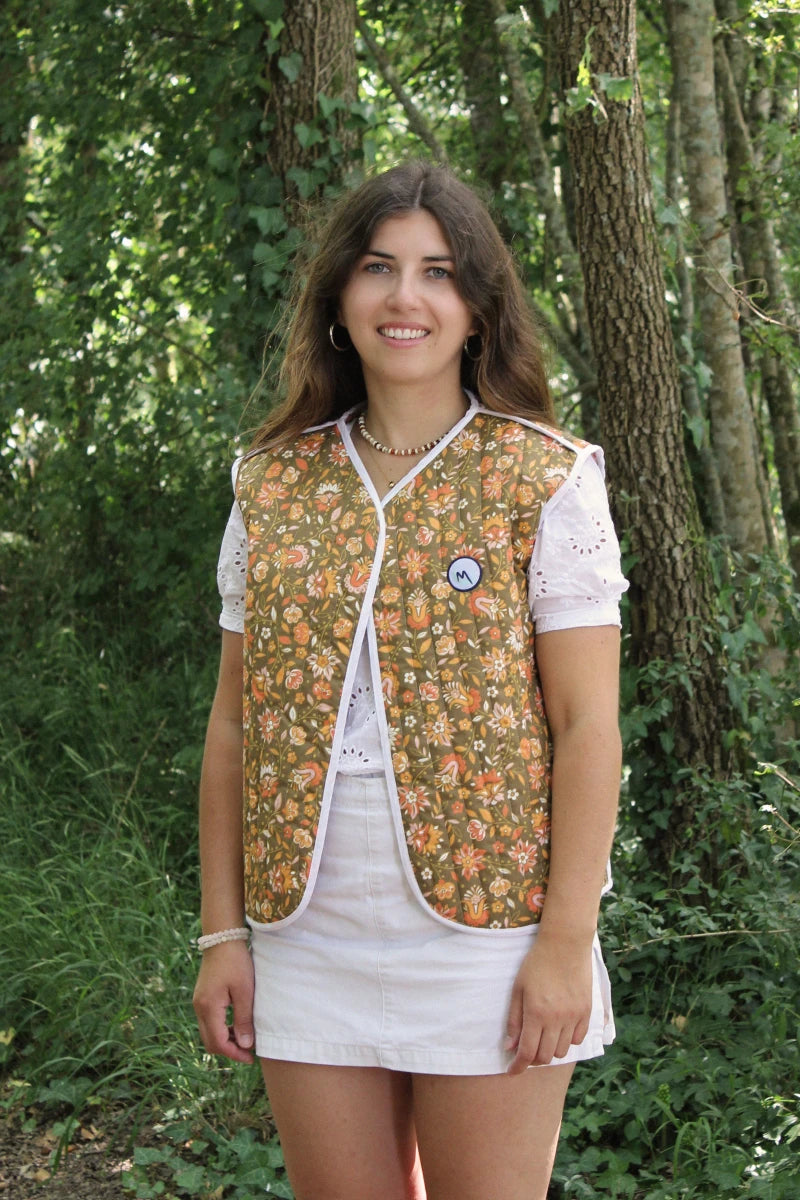 Veste sans manches matelassée - Fleuri marron / orange