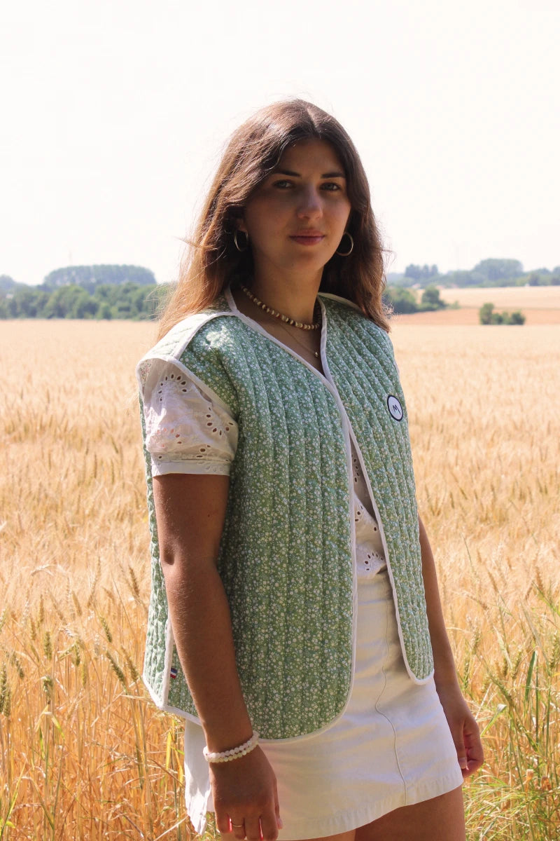 Veste sans manches matelassée - Fleuri vert / écru rose