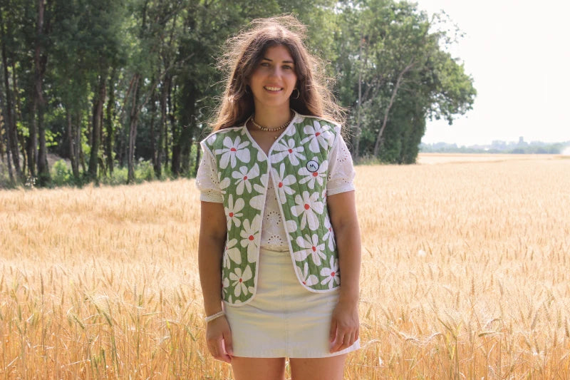 Veste sans manches matelassée - Fleuri XL vert / carreaux orange