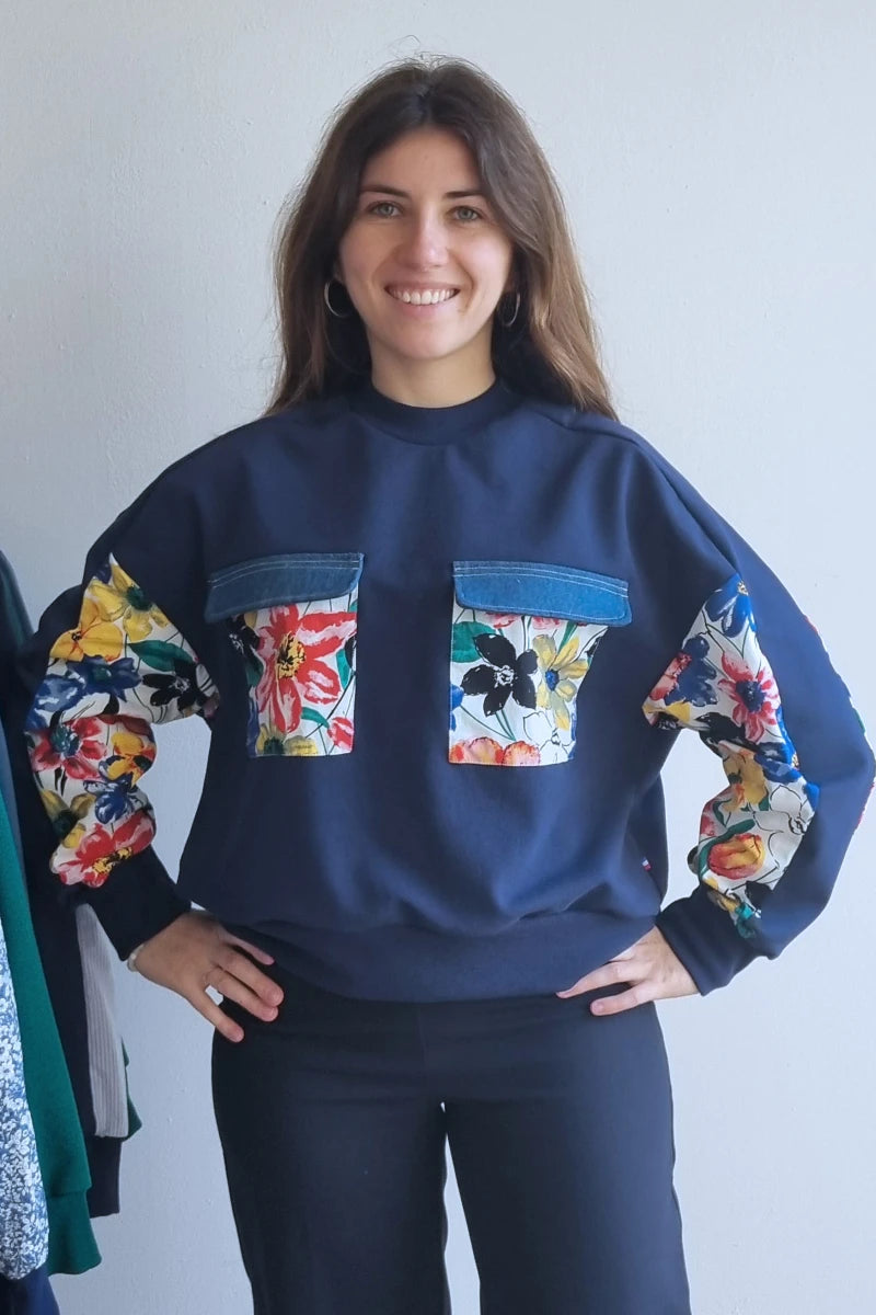 Sweat-shirt Marguerite - marine- fleurs colorées