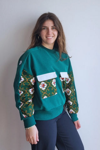 Sweat-shirt Marguerite - vert- fleurs et dorure