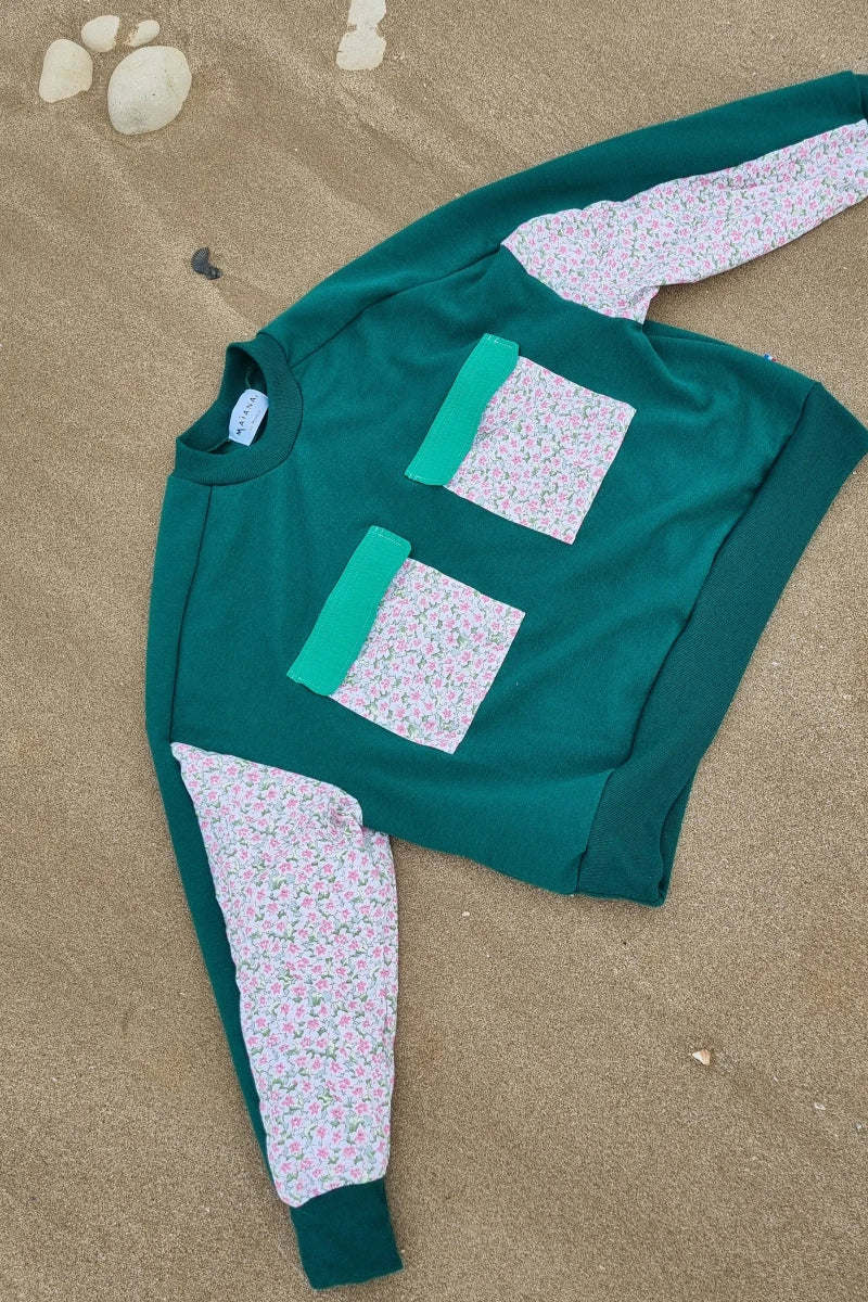 Sweat-shirt Marguerite - vert- fleurs rose