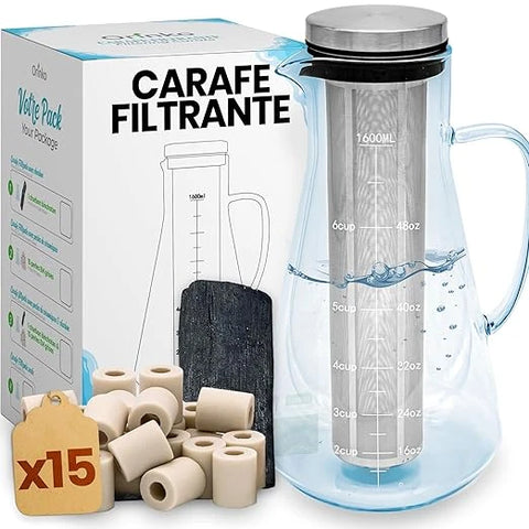 Kit de Purification d'Eau : Carafe en verre + Binchotan Japonais de Kishu + Perles de Céramique x15