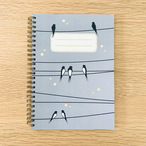 Carnet en papier A5 - Spirales et lignes - Les hirondelles sur le fil - Ciel bleu