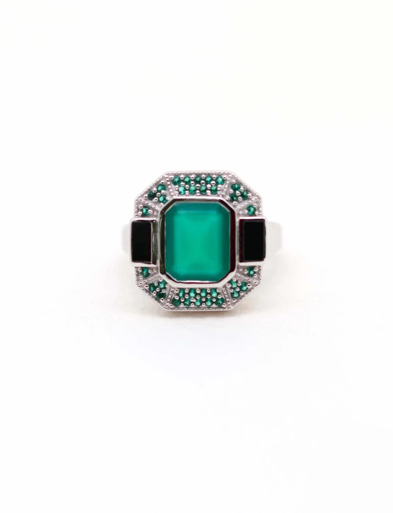 Célestine: Bague Art Déco Argent avec Onyx vert et Onyx noir