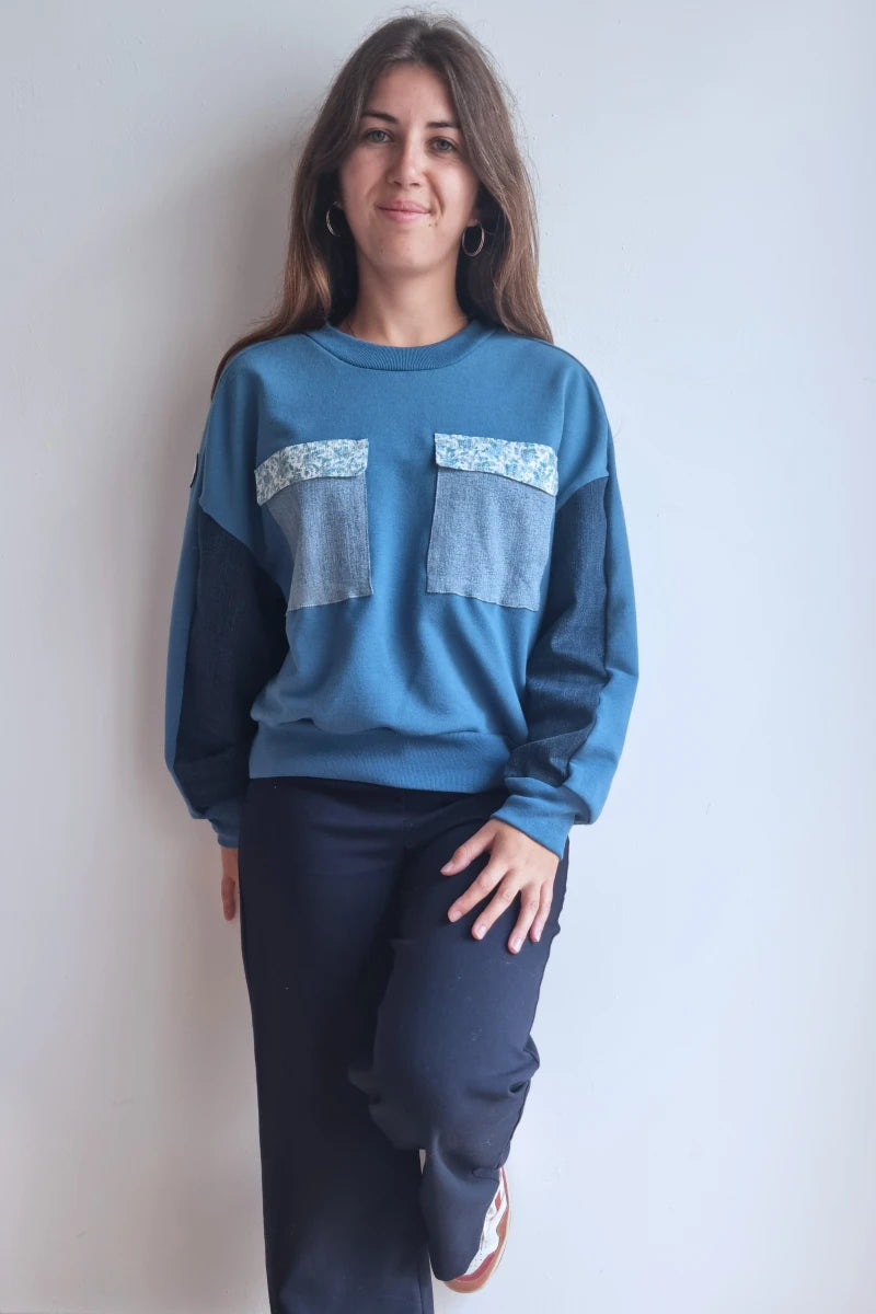 Sweat-shirt Marguerite - bleu - jean et fleurs