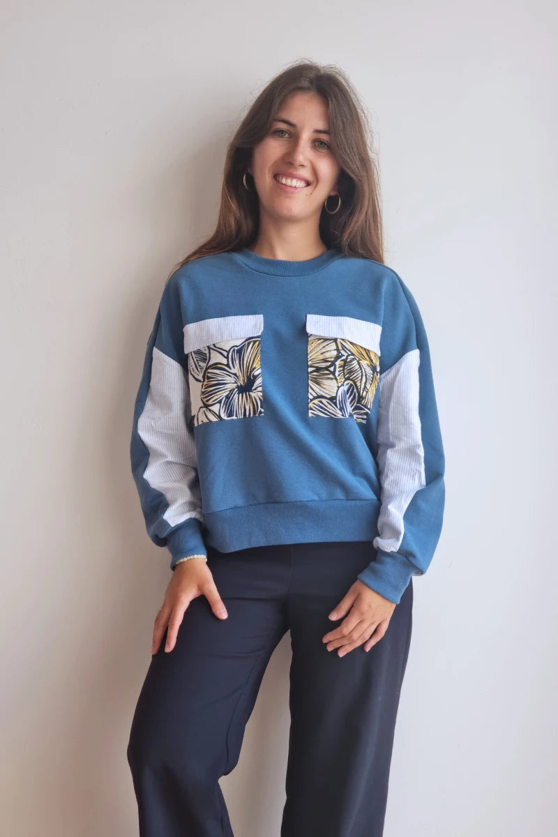 Sweat-shirt Marguerite - bleu - rayures et fleurs