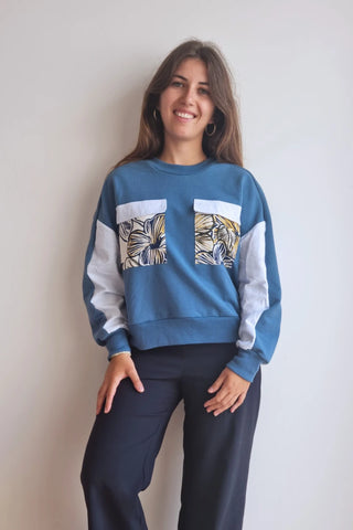 Sweat-shirt Marguerite - bleu - rayures et fleurs